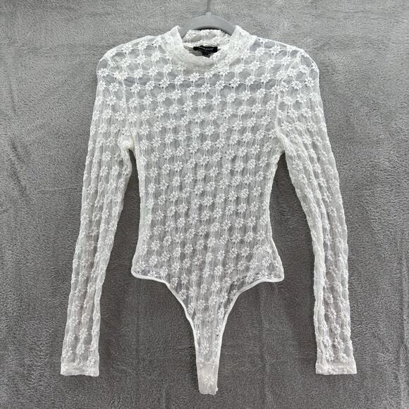 Bardot Tops - BARDOT Top Women M White Lace Floral Sheer Bodysuit Snap Button Mock Neck LS